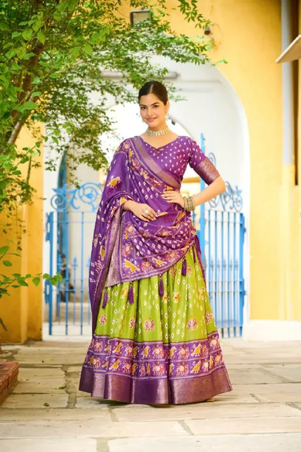 Womens_Mahendi_Lichi_Silk_Printed_with_Zari_Boarder_Lehenga_Choli_Set