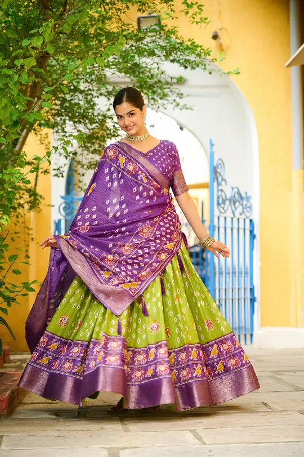 Womens_Mahendi_Lichi_Silk_Printed_with_Zari_Boarder_Lehenga_Choli_Set