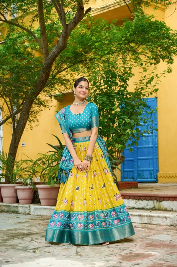 Womens_Yellow_Lichi_Silk_Printed_with_Zari_Boarder_Lehenga_Choli_Set