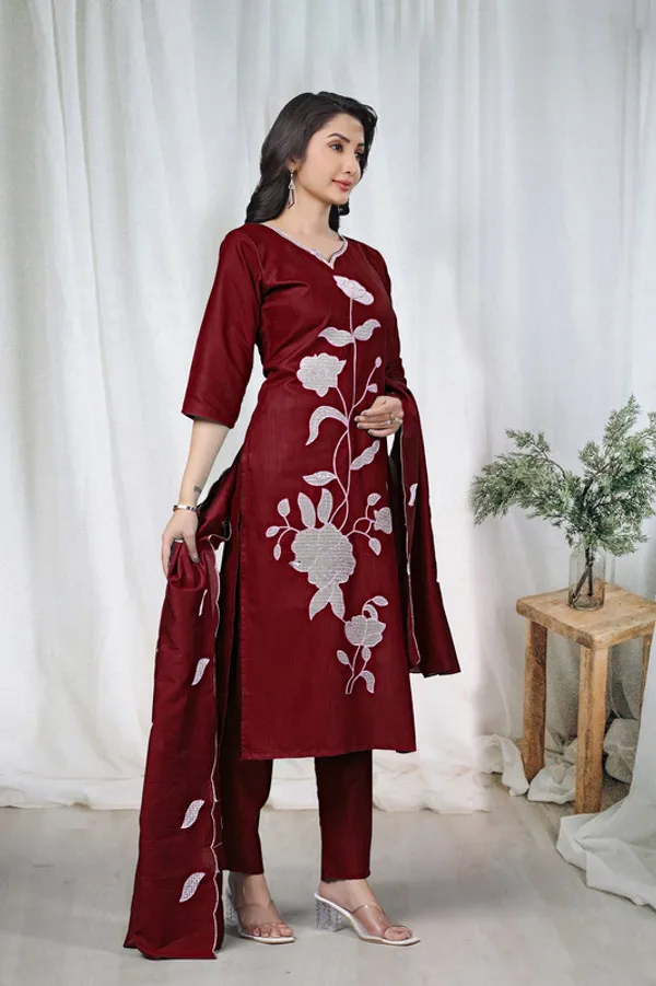 Women_Maroon_Cotton_Embroidery_Kurta_Pant_Set_With_Dupatta