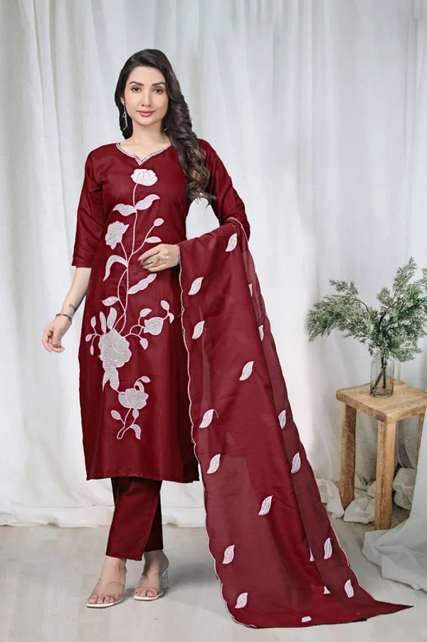 Women_Maroon_Cotton_Embroidery_Kurta_Pant_Set_With_Dupatta