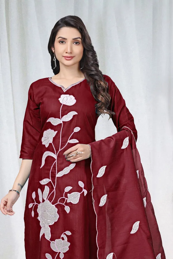 Women_Maroon_Cotton_Embroidery_Kurta_Pant_Set_With_Dupatta