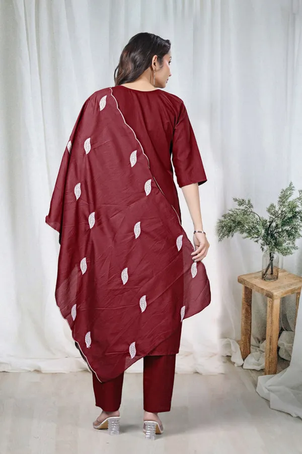 Women_Maroon_Cotton_Embroidery_Kurta_Pant_Set_With_Dupatta