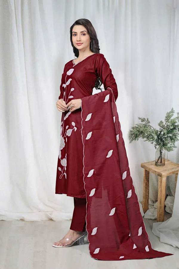 Women_Maroon_Cotton_Embroidery_Kurta_Pant_Set_With_Dupatta