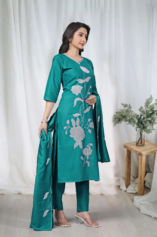 Women_Teal_Cotton_Embroidery_Kurta_Pant_Set_With_Dupatta