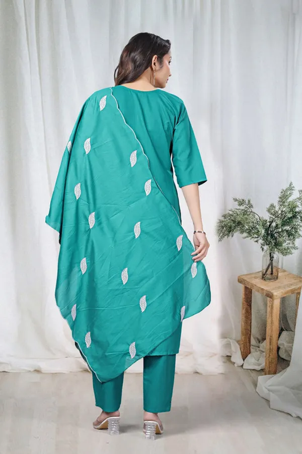 Women_Teal_Cotton_Embroidery_Kurta_Pant_Set_With_Dupatta