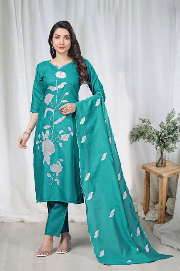 Women_Teal_Cotton_Embroidery_Kurta_Pant_Set_With_Dupatta
