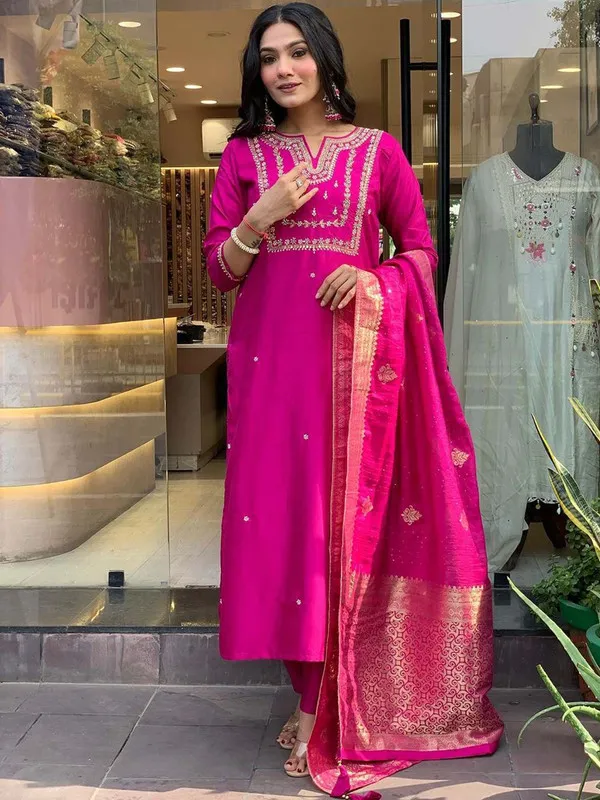 Womens_Chanderi_Embroidery_Straight_Kurta_Pant_With_Dupatta