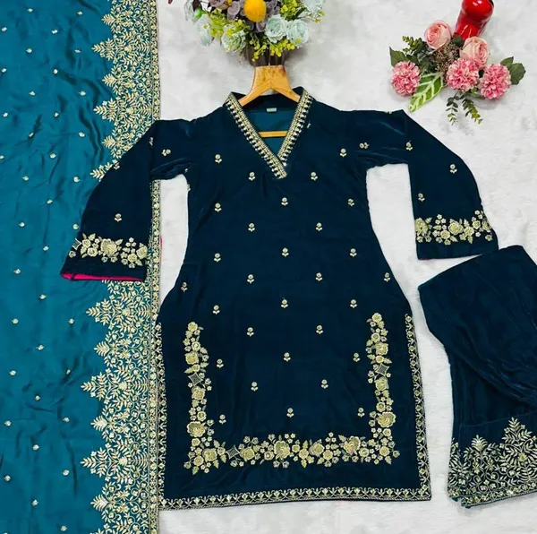 Women's_Velvet_Embroidery_Straight_Kurta_Pant_With_Dupatta