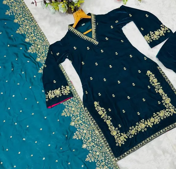 Women's_Velvet_Embroidery_Straight_Kurta_Pant_With_Dupatta