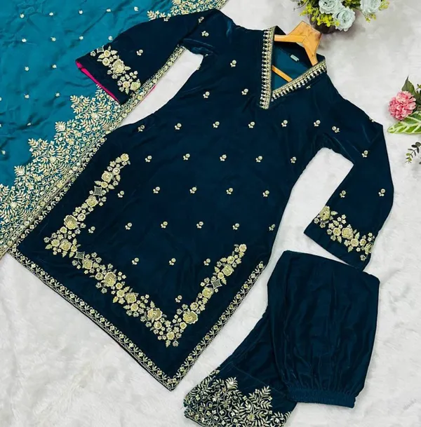 Womens_Velvet_Embroidery_Straight_Kurta_Pant_With_Dupatta