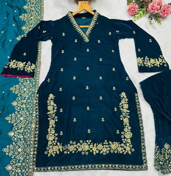 Womens_Velvet_Embroidery_Straight_Kurta_Pant_With_Dupatta