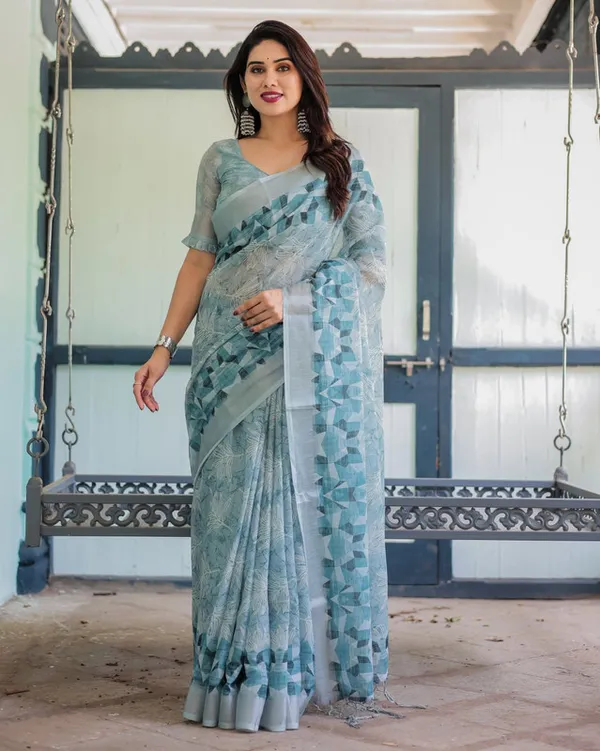 Blue_Linen_Cotton_Geometric_&_Floral_Layered_Print_Saree_with_Unstitched_Blouse