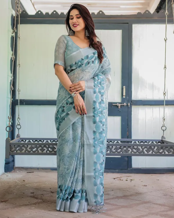 Blue_Linen_Cotton_Geometric_&_Floral_Layered_Print_Saree_with_Unstitched_Blouse