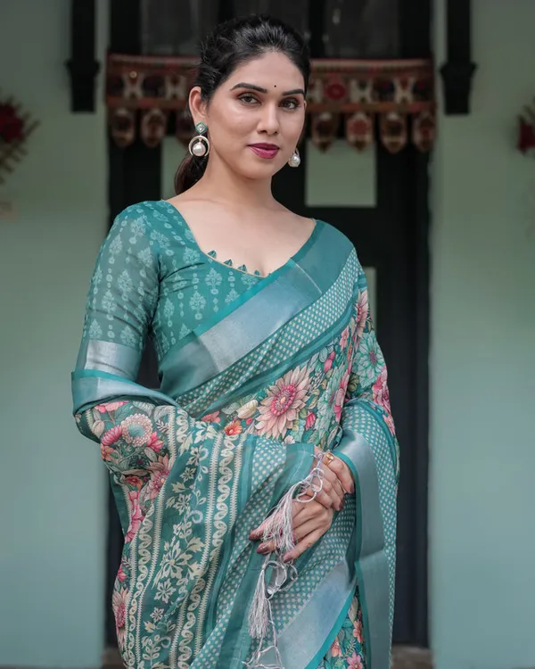 Exquisite_Teal_Green_Linen_Cotton_Saree_with_Vibrant_Floral_Print_with_Unstitched_Blouse