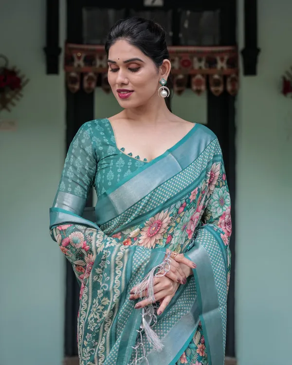 Exquisite_Teal_Green_Linen_Cotton_Saree_With_Vibrant_Floral_Print_With_Unstitched_Blouse