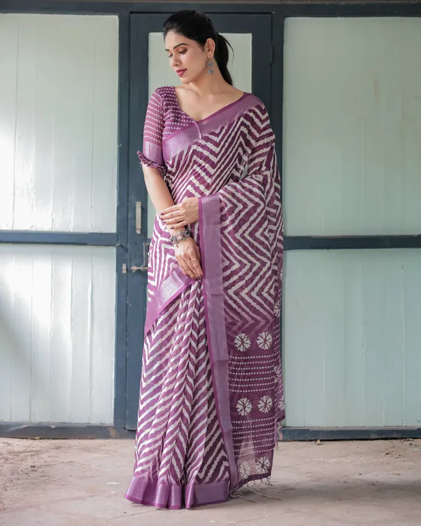 Mauve_Zigzag_Floral_Printed_Daily_Wear_Linen_Cotton_Saree_With_Unstitched_Blouse