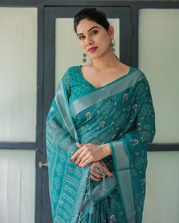 Teal_Blue_Silver_Motif_Printed_Elegant_Daily_Wear_Linen_Cotton_Saree_With_Unstitched_Blouse