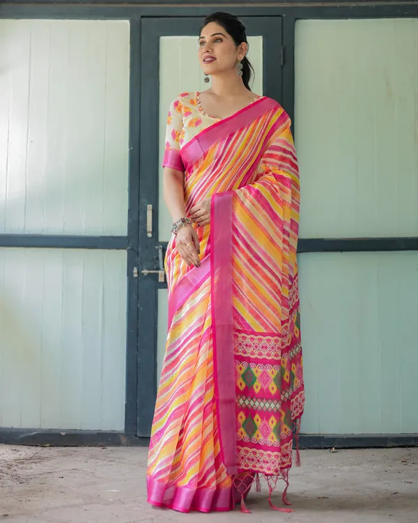 Multicolor_Leheriya_Stripe_Ikat_Style_Festive_Wear_Linen_Cotton_Saree_with_Unstitched_Blouse
