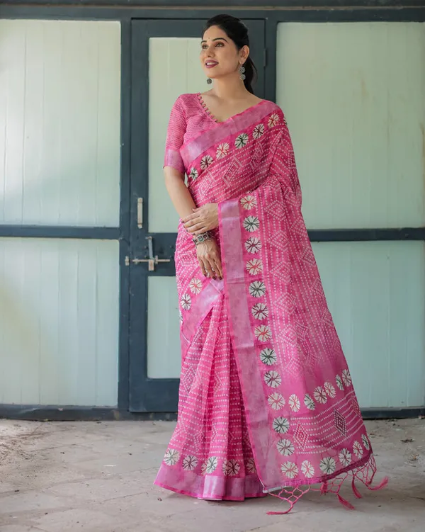Rose_Pink_Floral_Bandhani_Printed_Elegant_Linen_Cotton_Saree_with_Unstitched_Blouse