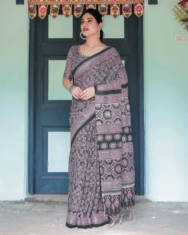 Black_Mauve_Traditional_Ajrakh_Printed_Elegant_Linen_Cotton_Saree_with_Unstitched_Blouse