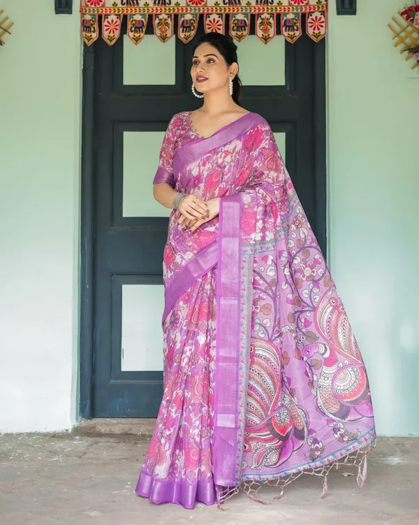 Purple_Floral_Peacock_Kalamkari_Style_Festive_Wear_Linen_Cotton_Saree_With_Unstitched_Blouse
