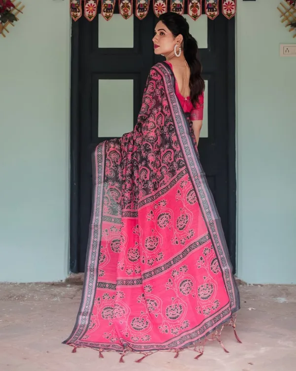 Premium_Black_&_Pink_Paisley_Print_Linen_Cotton_Saree_with_Unstitched_Blouse