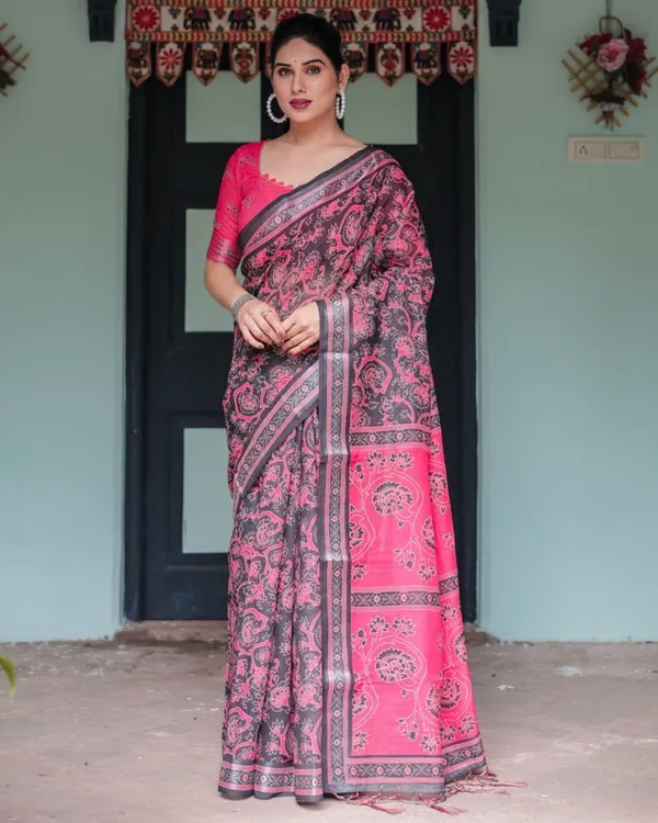 Premium_Black_&_Pink_Paisley_Print_Linen_Cotton_Saree_with_Unstitched_Blouse