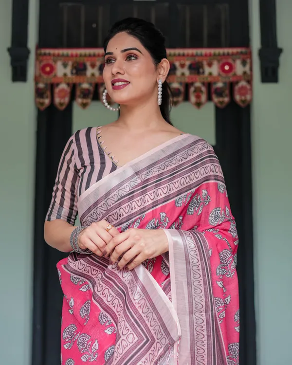 Rose_Pink_Ethnic_Floral_Art_Print_Designer_Border_Linen_Cotton_Saree_with_Unstitched_Blouse