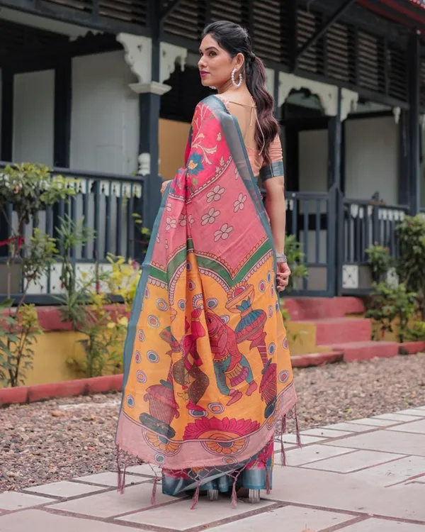 Premium_Festive_Multicolor_Artistic_Print_Linen_Cotton_Saree_with_Unstitched_Blouse