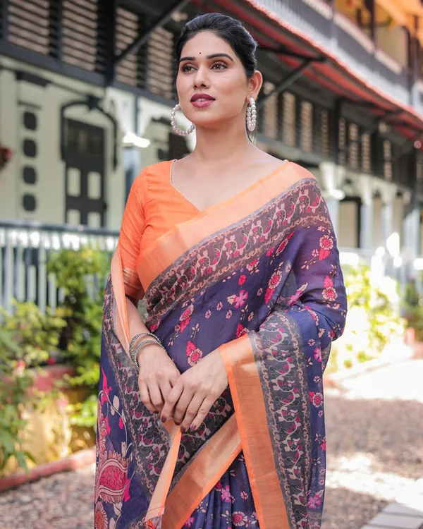Navy_Blue_Floral_Ethnic_Digital_Print_Designer_Border_Linen_Cotton_Saree_With_Blouse_Piece