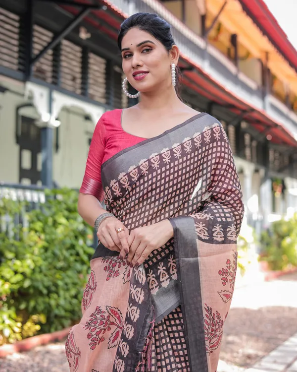 Charcoal_Grey_Geometric_Floral_Fusion_Designer_Border_Linen_Cotton_Saree_with_Unstitched_Blouse
