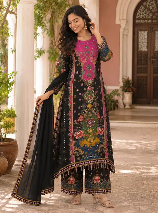 Black_Silk_Printed_Straight_Kurta_Bottom_Dupatta_Set_For_Women