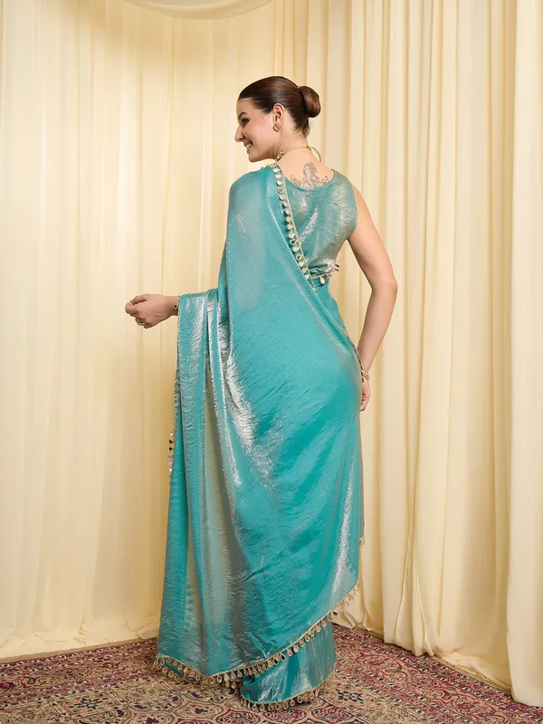 Teal_Satin_Woven_Embellished_Border_Saree_For_Women