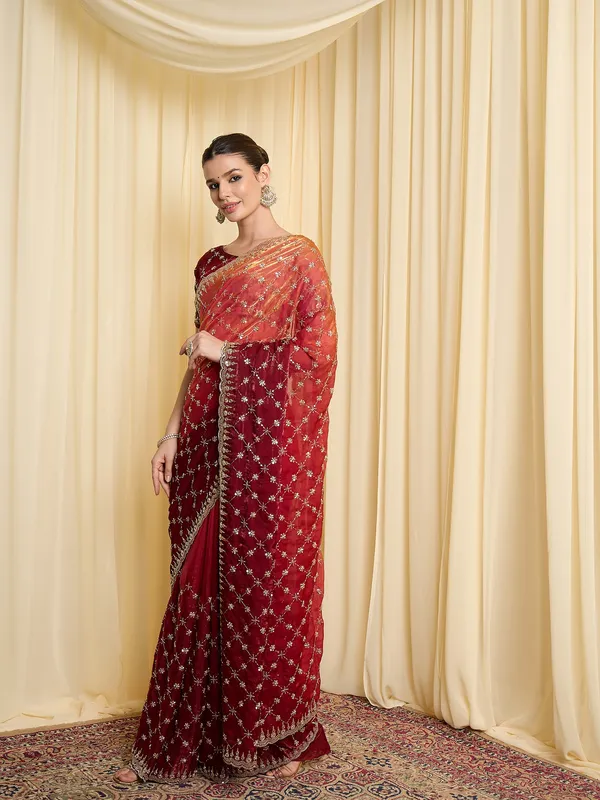Red_Satin_Embroidered_Saree_For_Women
