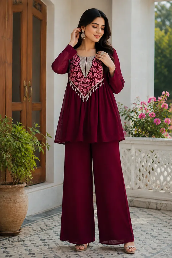 Maroon_Georgette_Flared_Embroidered_Kurta_Set_For_Women