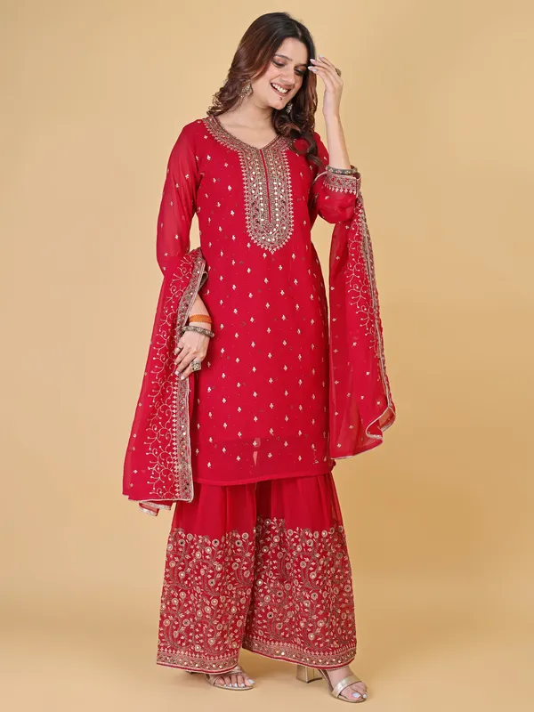 Red_Cotton_Embroidered_Sharara_Suit_Set_For_Women