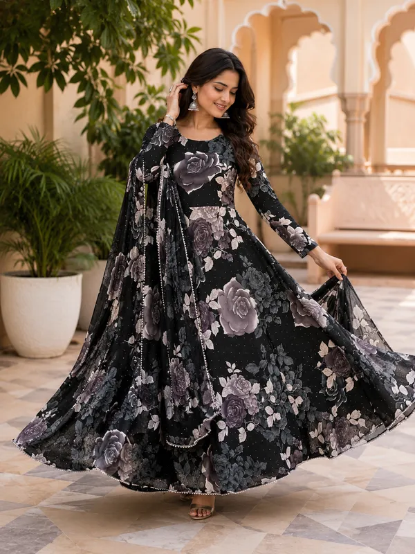 Black_Poly_Georgette_Floral_Print_Anarkali_Suit_Set_For_Women