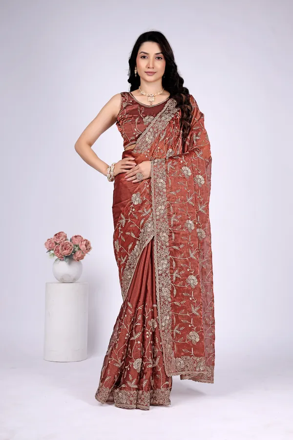 Rust_Satin_Floral_Embroidered_Saree_For_Women