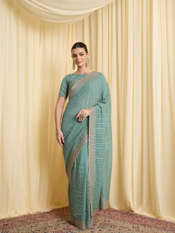 Teal_Satin_Woven_Striped_Saree_For_Women