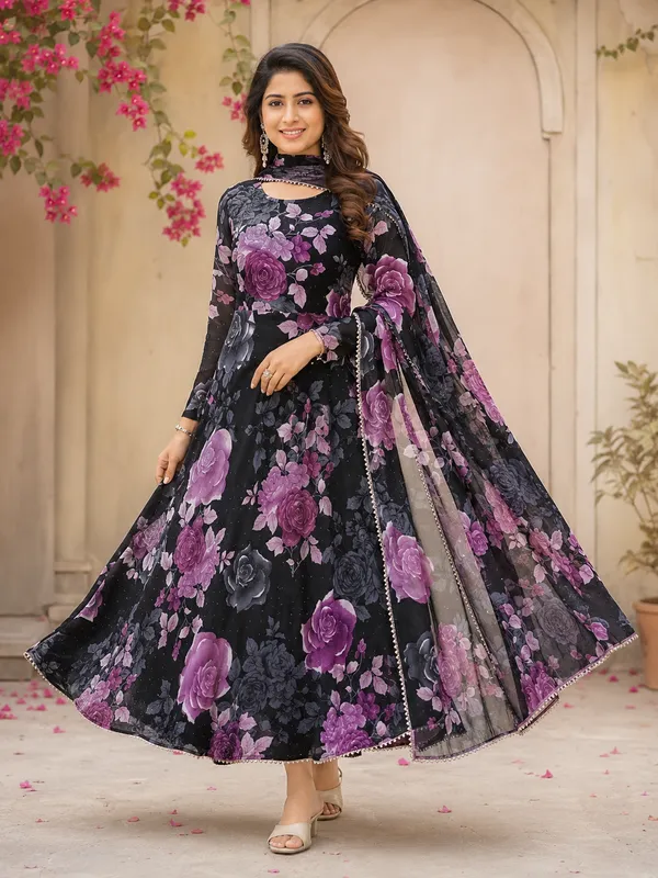 Black_Poly_Georgette_Floral_Flared_Anarkali_Dress_With_Dupatta_For_Women