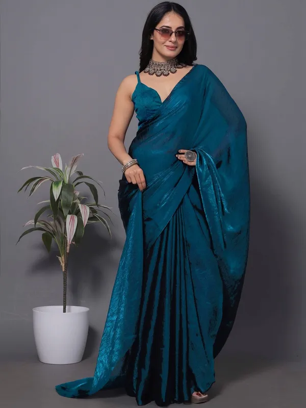 Teal_Satin_Draped_Saree_For_Women