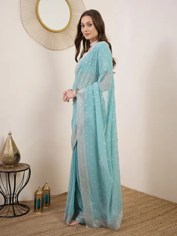 Aqua_Blue_Satin_Embroidered_Saree_For_Women