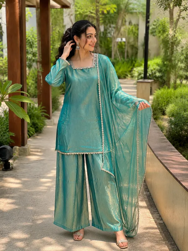 Aqua_Satin_Straight_Fit_Kurta_Wide-Leg_Pants_Dupatta_Set_For_Women