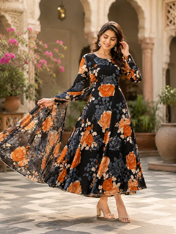 Black_Poly_Georgette_Floral_Anarkali_Dress_With_Dupatta_For_Women