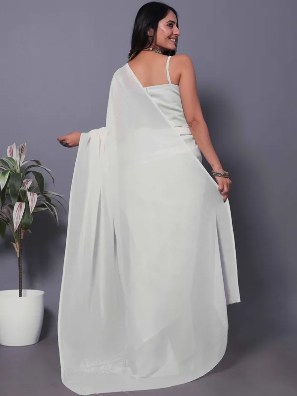 White_Satin_Draped_Saree_With_Strappy_Blouse_For_Women
