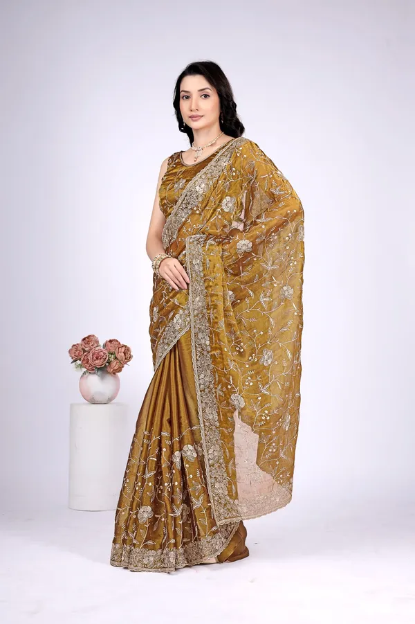 Brown_Organza_Embroidered_Saree_For_Women