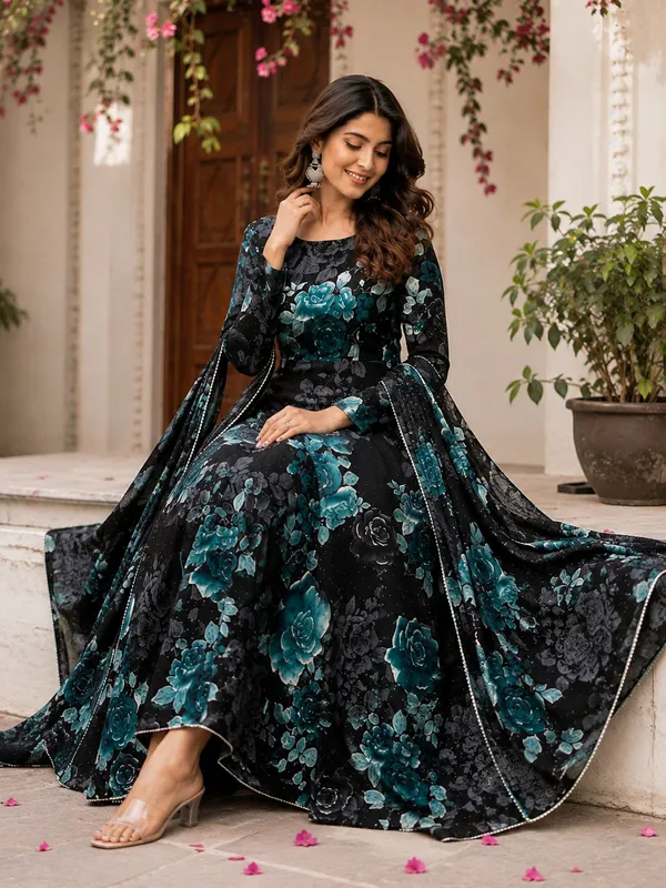 Black_Poly_Georgette_Floral_Flared_Anarkali_Suit_Set_For_Women