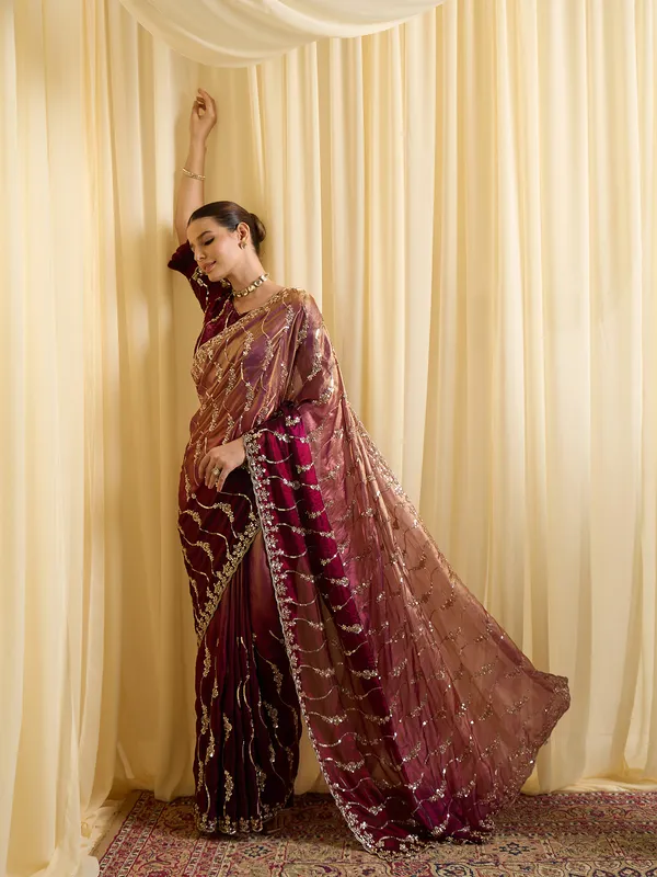 Maroon_Satin_Silver_Embellished_Saree_For_Women