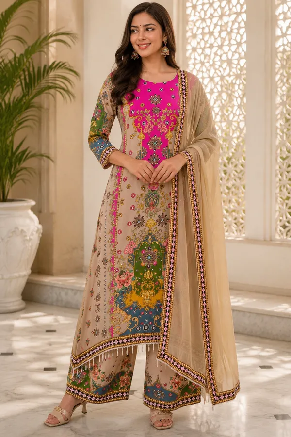 Beige_Silk_Printed_Kurta_Palazzo_Suit_Set_For_Women